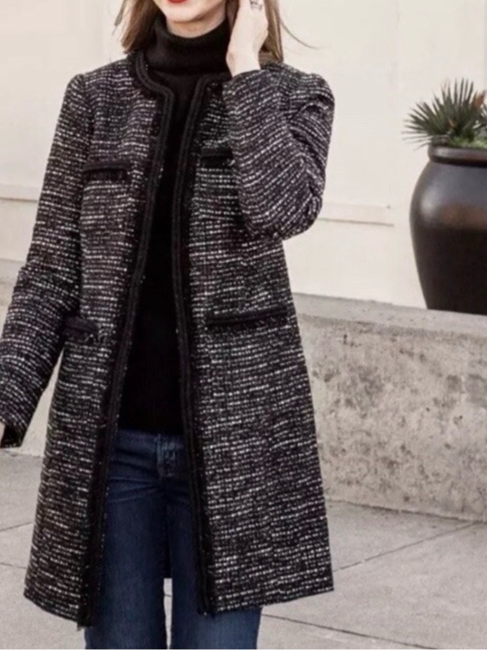 J. Crew Black Tweed Collarless Pea Coat